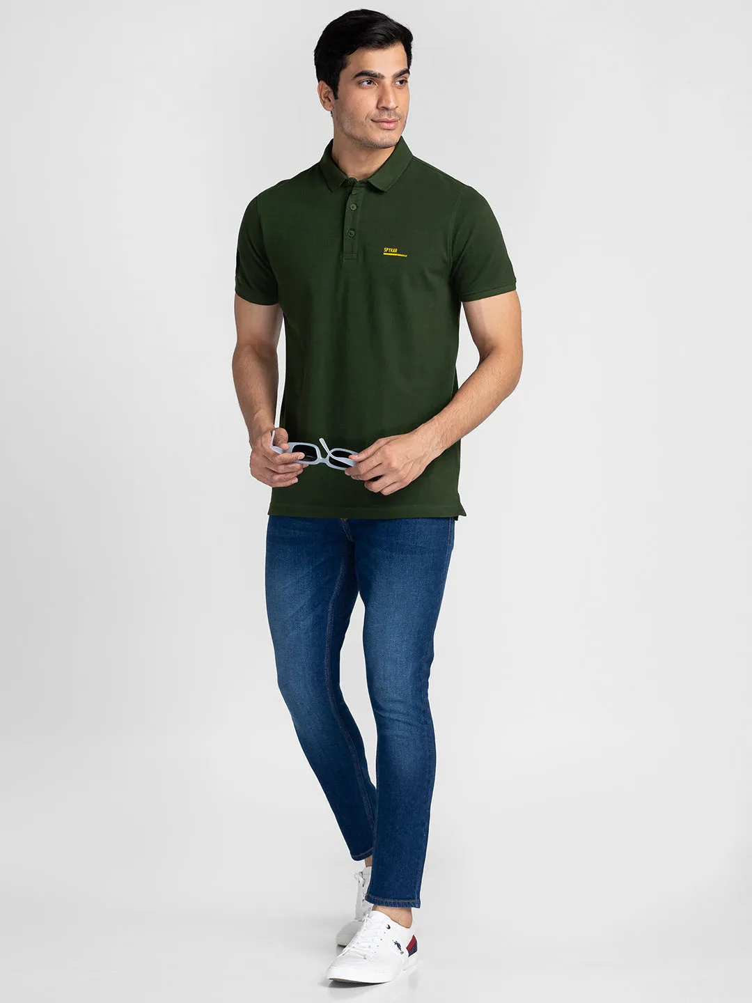 Spykar Men Rifle Green Cotton Slim Fit Polo Plain T-Shirt