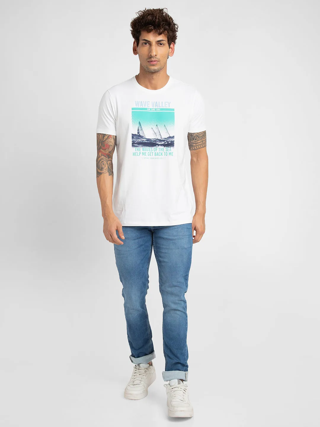 Spykar Men White Blended Slim Fit Printed Round Neck T-Shirt