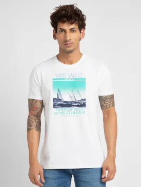 Spykar Men White Blended Slim Fit Printed Round Neck T-Shirt