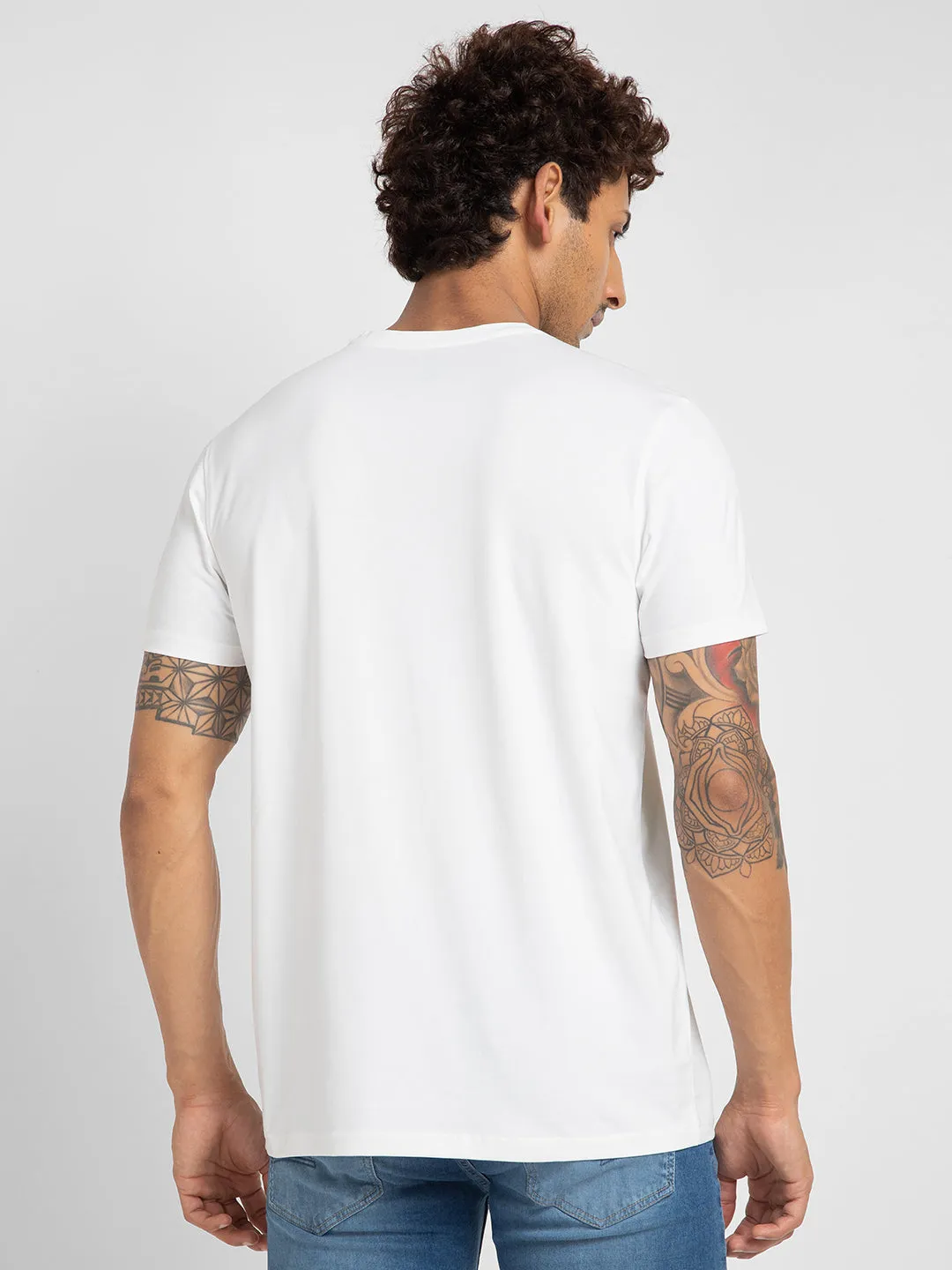 Spykar Men White Blended Slim Fit Printed Round Neck T-Shirt