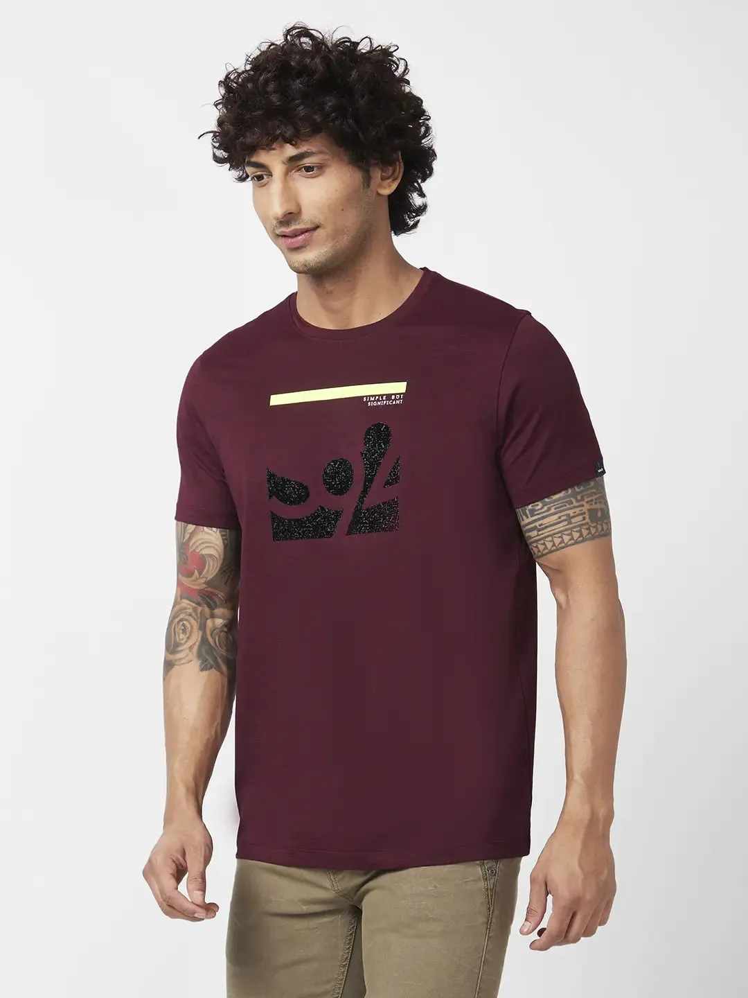 Spykar Men Wine Red Blended Slim Fit Half Sleeve Round Neck Printed Tshirt