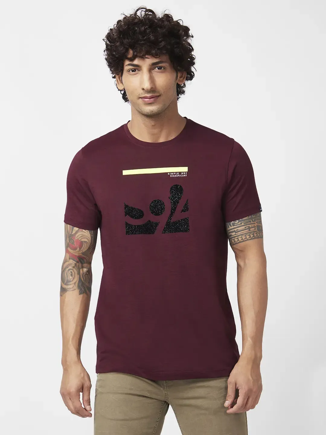 Spykar Men Wine Red Blended Slim Fit Half Sleeve Round Neck Printed Tshirt