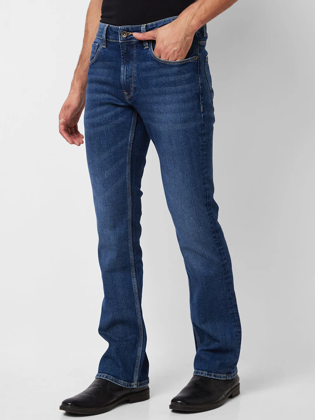 Spykar Mid Rise Bootcut Fit Blue Jeans For Men