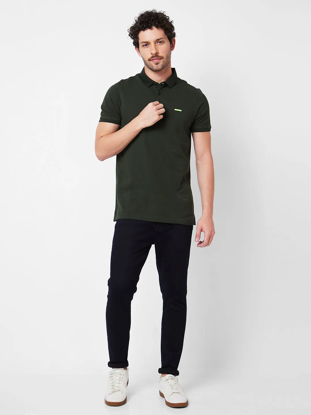 Spykar Polo Collar Half Sleeves Green T-Shirt  For Men