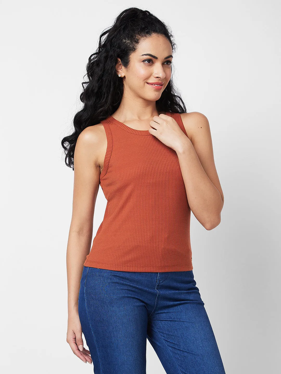 Spykar Round Neck Sleeveless Brown T-shirt  For Women