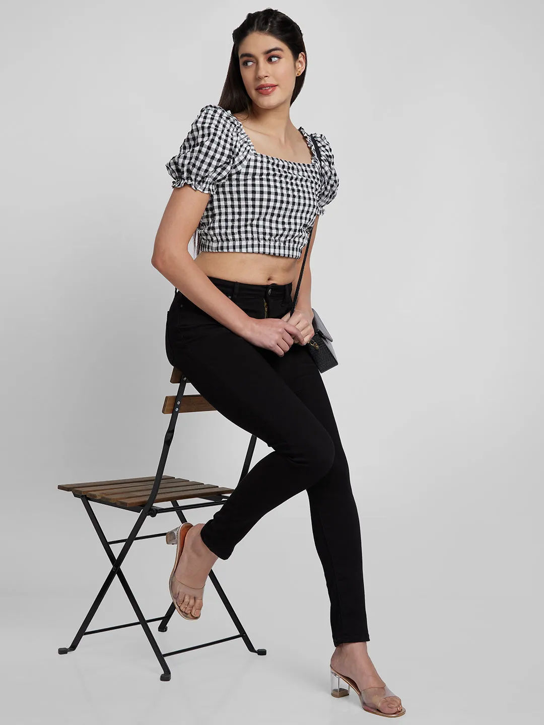 Spykar Women Black Lycra Slim Fit Checkred Crop Top