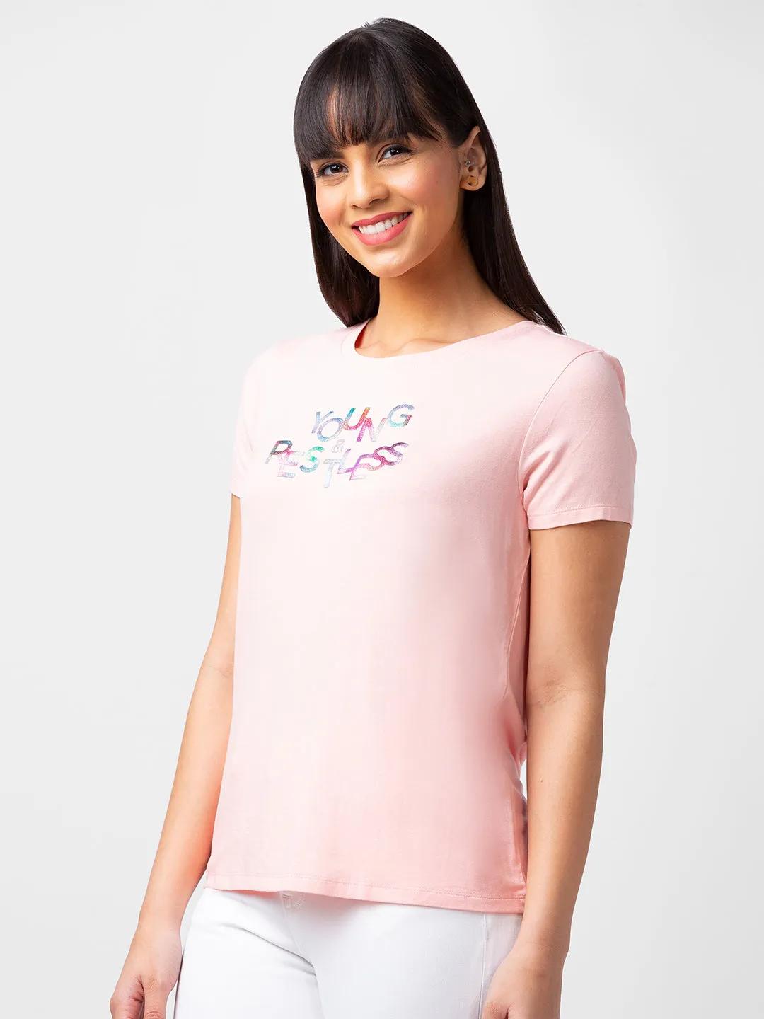 Spykar Women Pink Blended Regular Fit Half Sleeve Printed T-Shirts