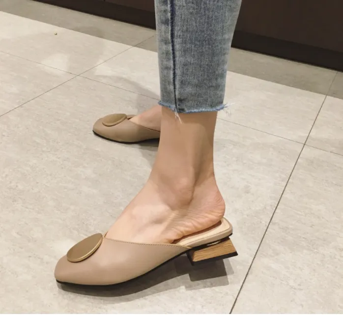 Summer Casual Slip-On Flat Wood Block Heel Mules