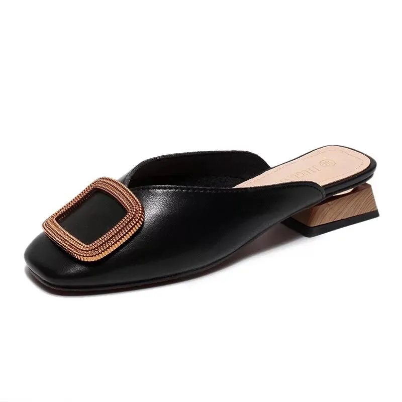 Summer Casual Slip-On Flat Wood Block Heel Mules