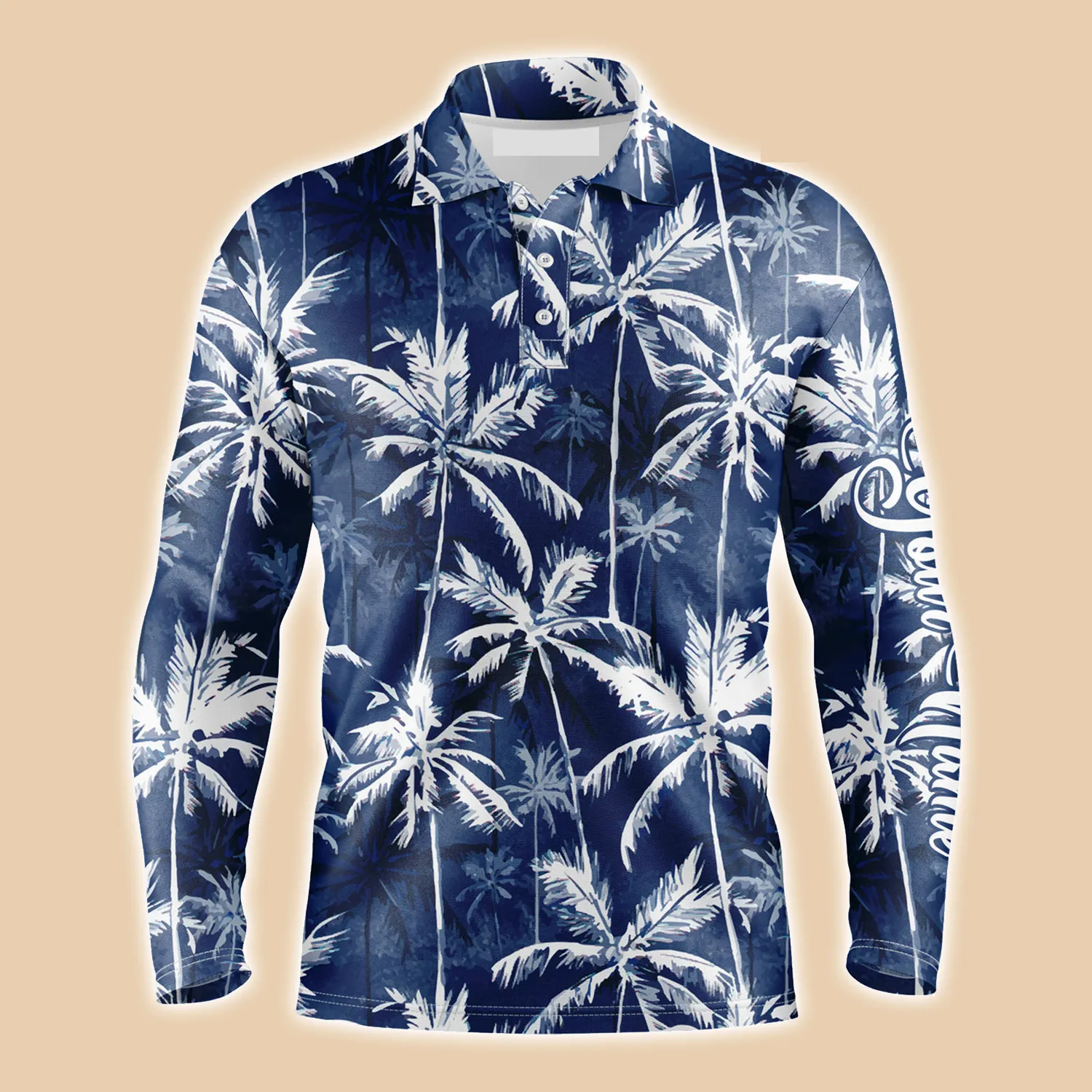 Tropical Background Long Sleeve Polo Shirt Customized Name Blue Watercolor Palms Men Apparel, Best Golf Outfit For Men