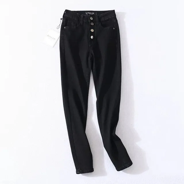 Vintage Skinny Four Buttons High Waist Pencil Jeans Women Slim Fit Stretch Denim Pants Full Length Denim Tight Trousers