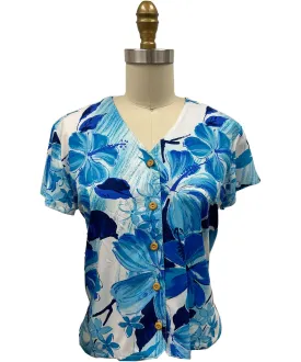 Watercolor Hibiscus Blue V-Neck Blouse