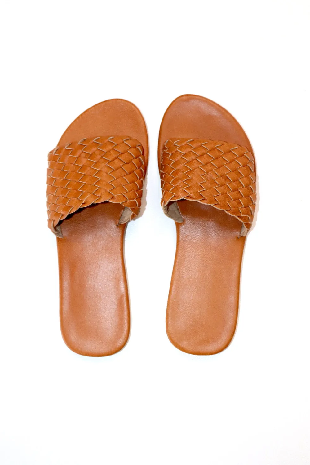 Weave Leather Slides In Tan