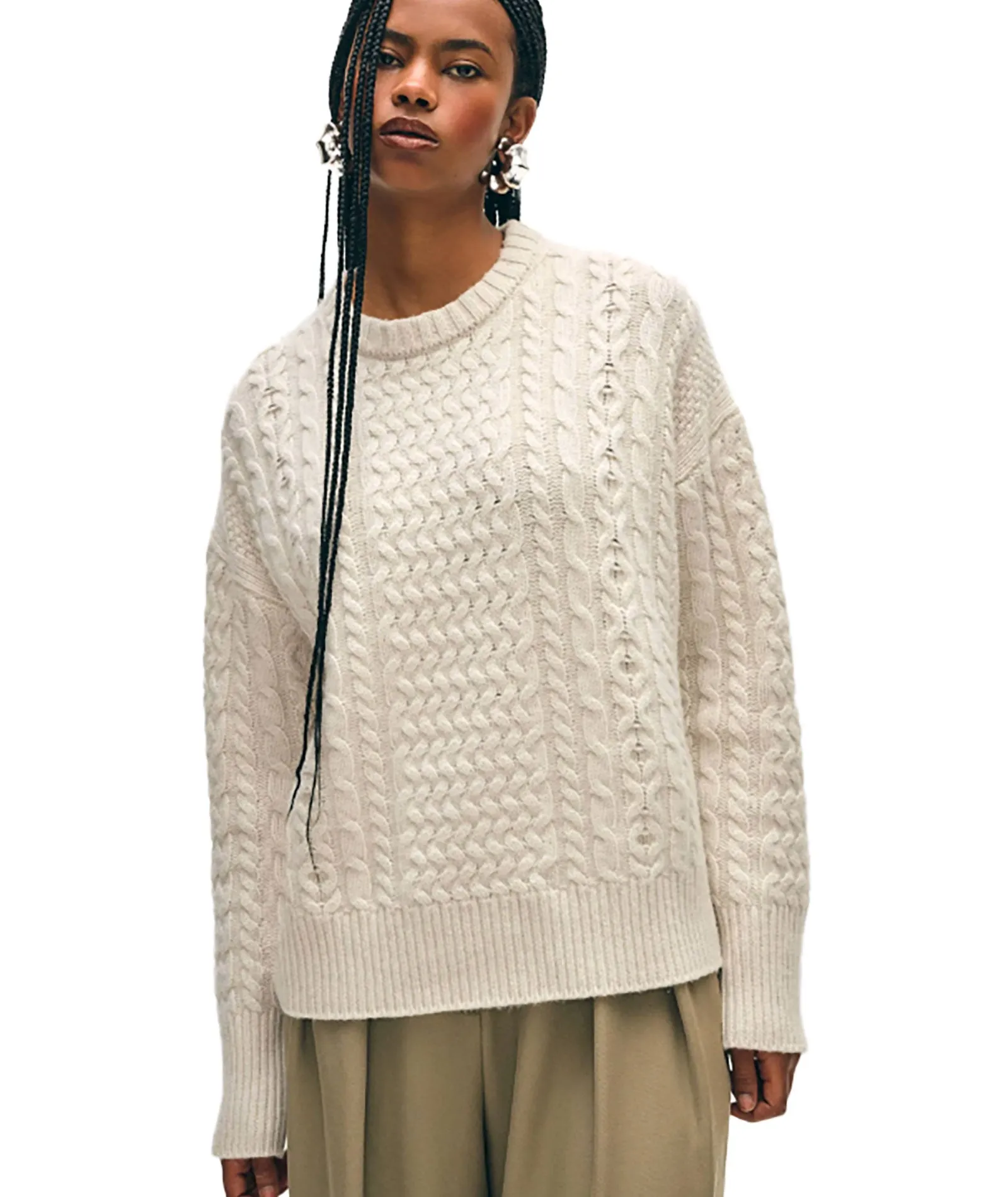 White Warren Women Cashmere Blend Fisherman Cable Crewneck Sweater