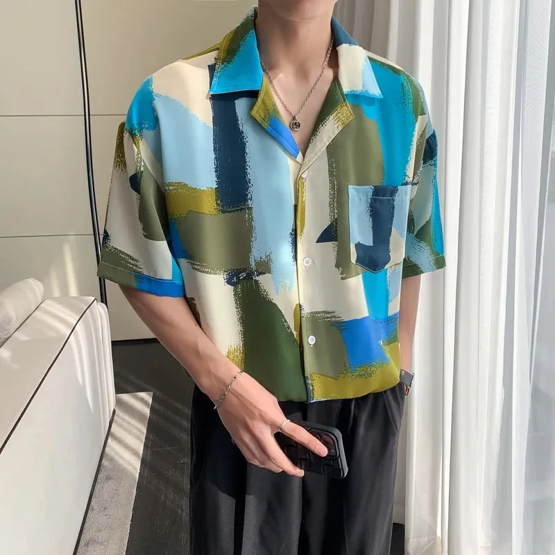 Wiaofellas  -  Men Street Fashion Summer Daily Shirt Hawaiian Print Casual Loose Shirts Korean Short Sleeve Beach Loose Streetwear Tops