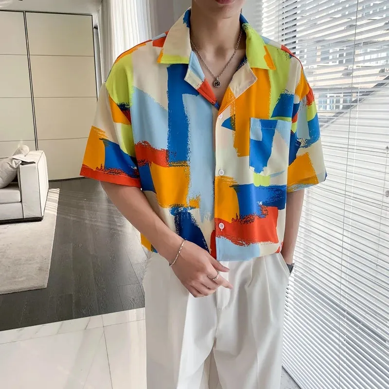 Wiaofellas  -  Men Street Fashion Summer Daily Shirt Hawaiian Print Casual Loose Shirts Korean Short Sleeve Beach Loose Streetwear Tops