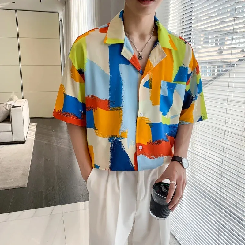 Wiaofellas  -  Men Street Fashion Summer Daily Shirt Hawaiian Print Casual Loose Shirts Korean Short Sleeve Beach Loose Streetwear Tops