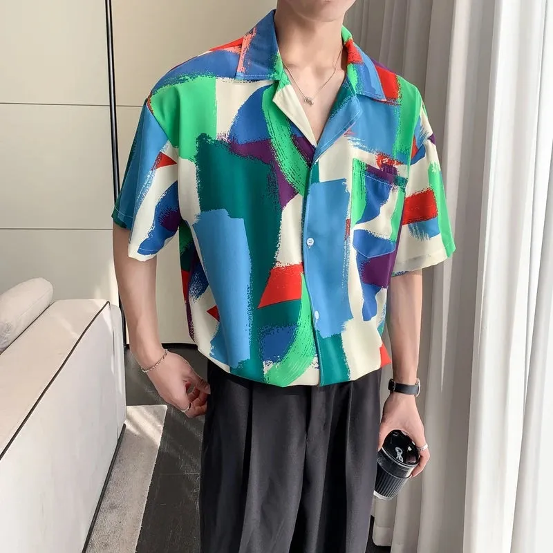 Wiaofellas  -  Men Street Fashion Summer Daily Shirt Hawaiian Print Casual Loose Shirts Korean Short Sleeve Beach Loose Streetwear Tops