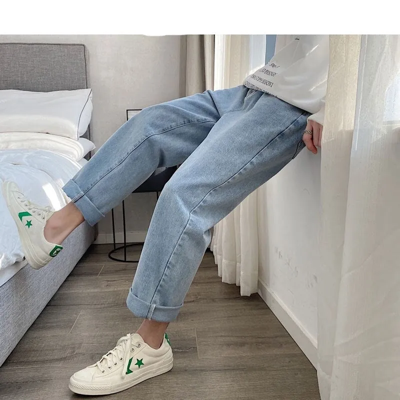 Wiaofellas Men Vintage Kpop Light Blue Jeans Mens Casual Streetwear Loose Harem Pants Male Oversized High Waisted Denim Pants