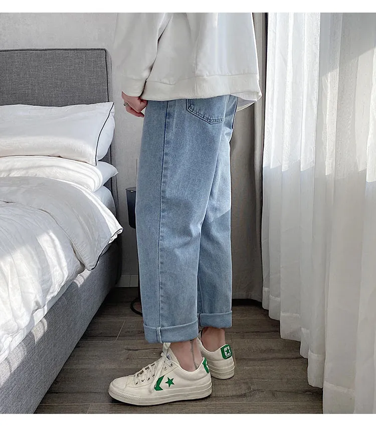 Wiaofellas Men Vintage Kpop Light Blue Jeans Mens Casual Streetwear Loose Harem Pants Male Oversized High Waisted Denim Pants