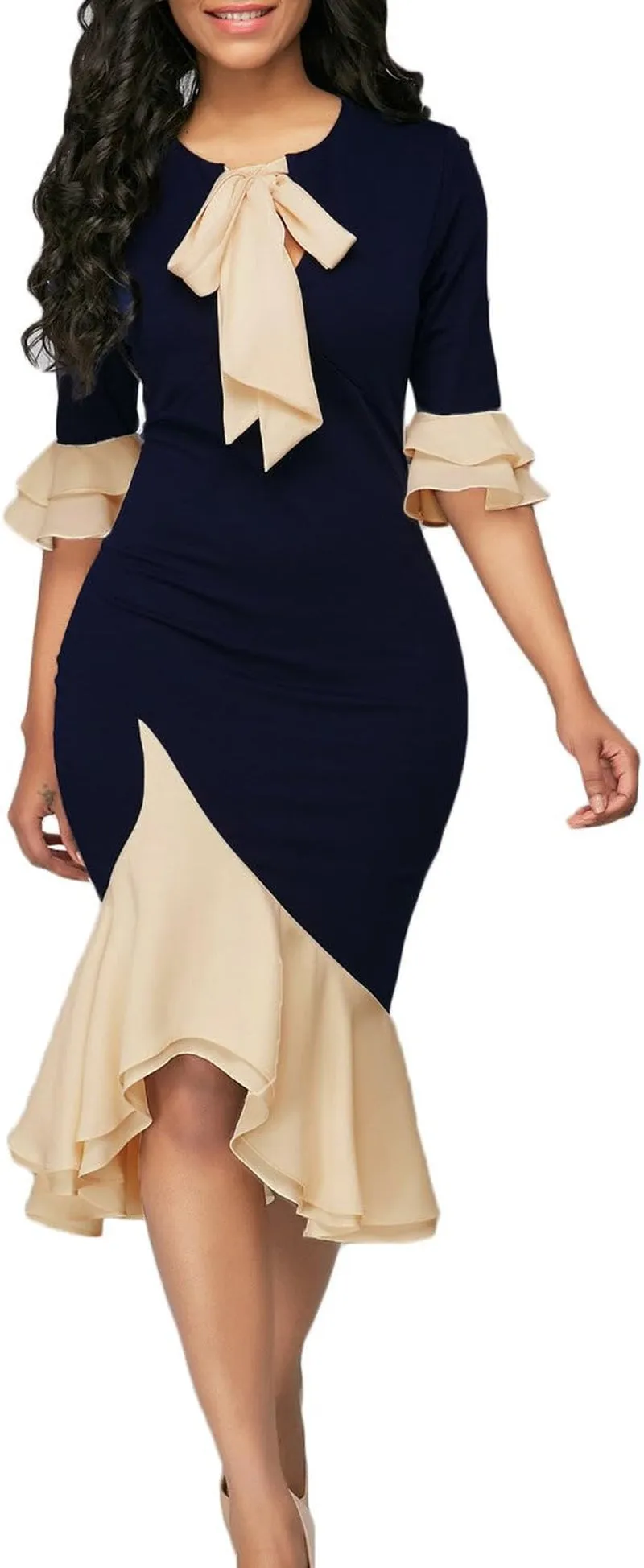 Women Bodycon Dress Cocktail Work Half Sleeve Bow Tie Party Dresses