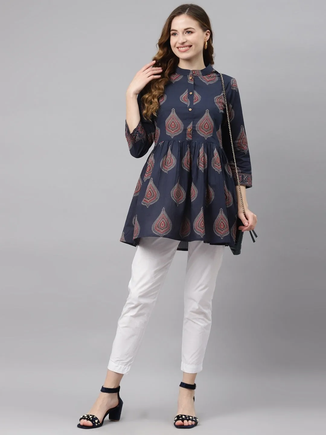 Women'S Navy Blue Buti Print Cotton Peplum Top