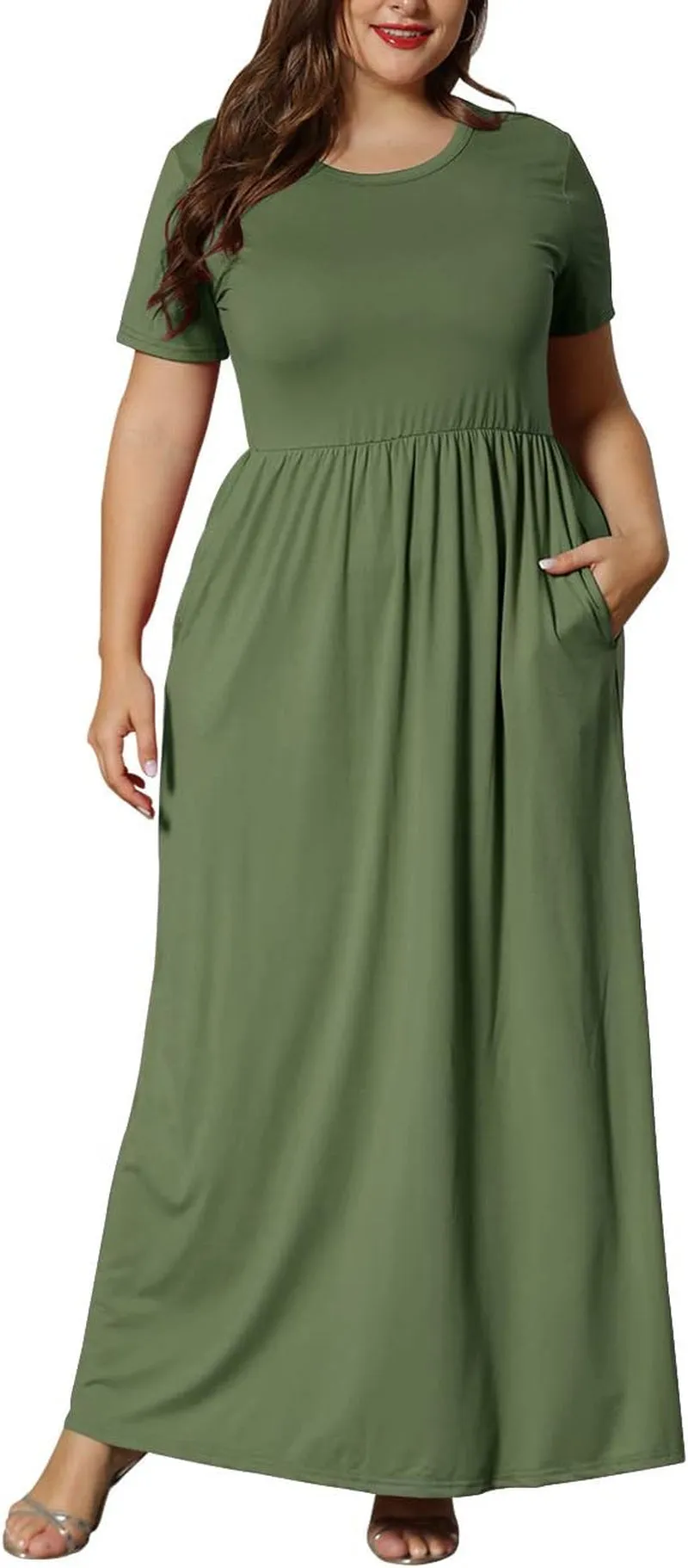 Women’S plus Size Maxi Dresses Summer Casual Short Sleeve Fahion Long Dress with Pockets