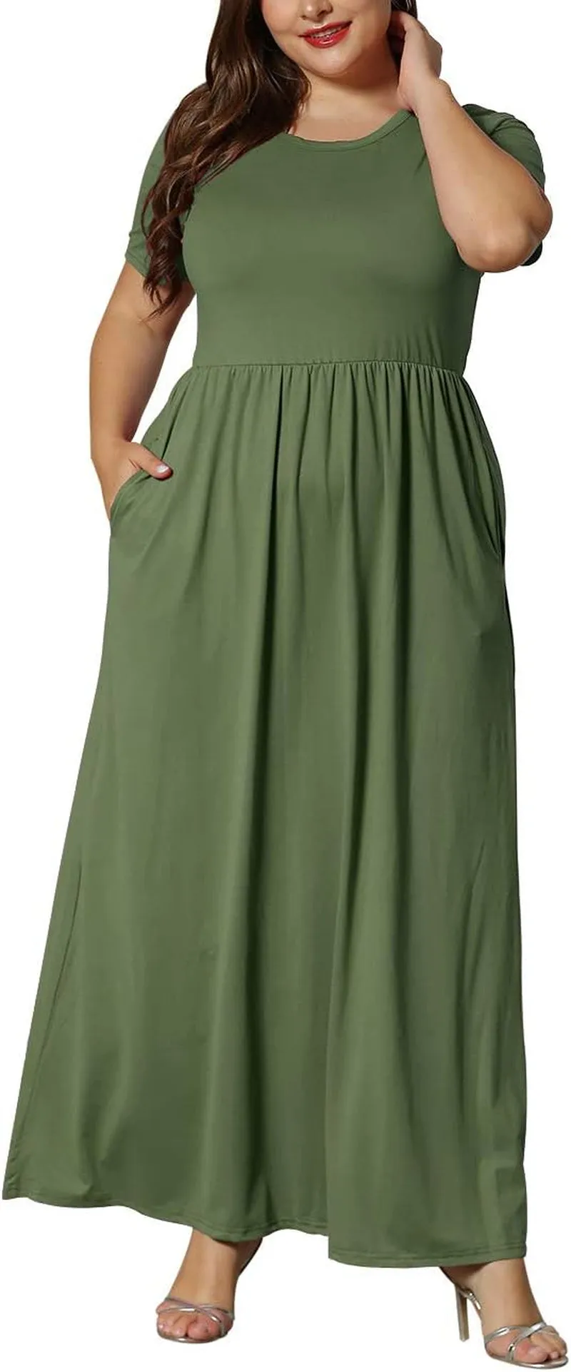 Women’S plus Size Maxi Dresses Summer Casual Short Sleeve Fahion Long Dress with Pockets